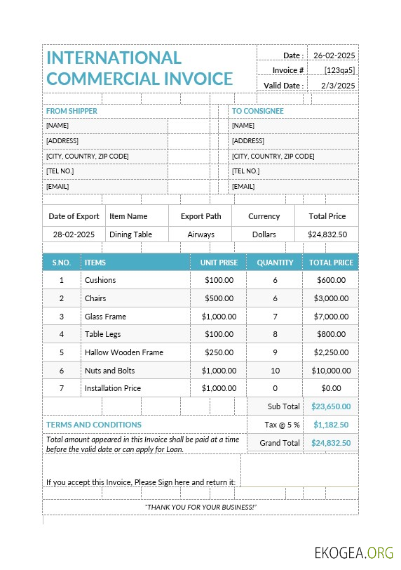Modèle de facture commerciale internationale